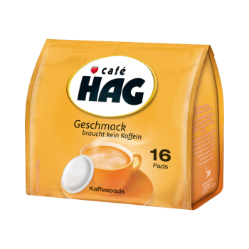Café Hag Kaffeepads, entkoffeiniert, 16 Portionen, 105g Produktbild, Vorderseite der Verpackung